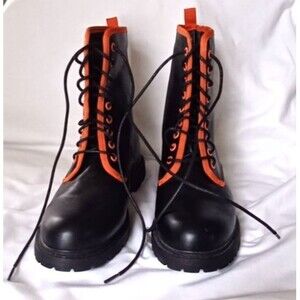 Hot Topic Lace Up Combat Boots EUC Unisex 9W Black w/Orange Trim Bakugo Cosplay